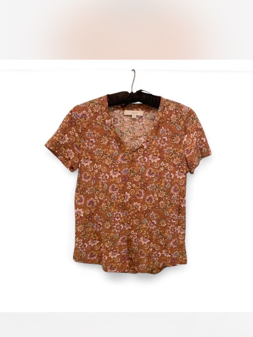 LOFT Burnt Orange Floral V-Neck Short Sleeve Top size XSP
